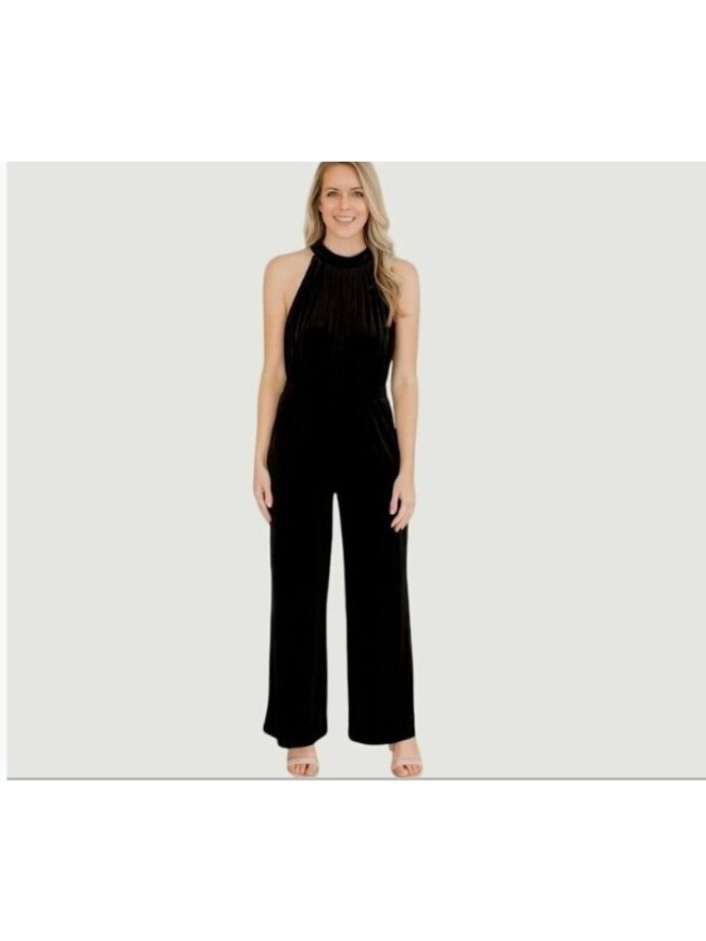 NEW A new Day Women's S Black Velvet Halter Wide Leg Jumpsuit High Neck L1636